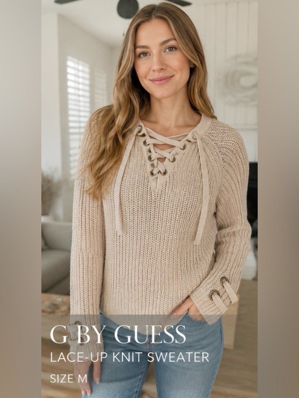G by Guess Lace-Up V-Neck Cream Knit Sweater